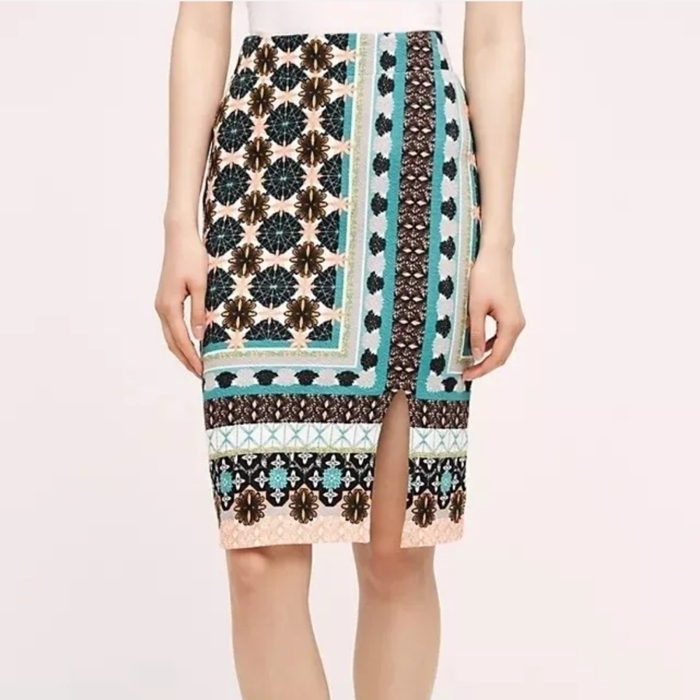 Maeve Anthropologie "Tearoom" Pencil Skirt Slit Mix Floral Geometric Boho